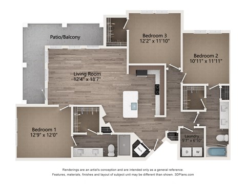 Floor plan for 3 beds, 2 baths, 1422 sqft